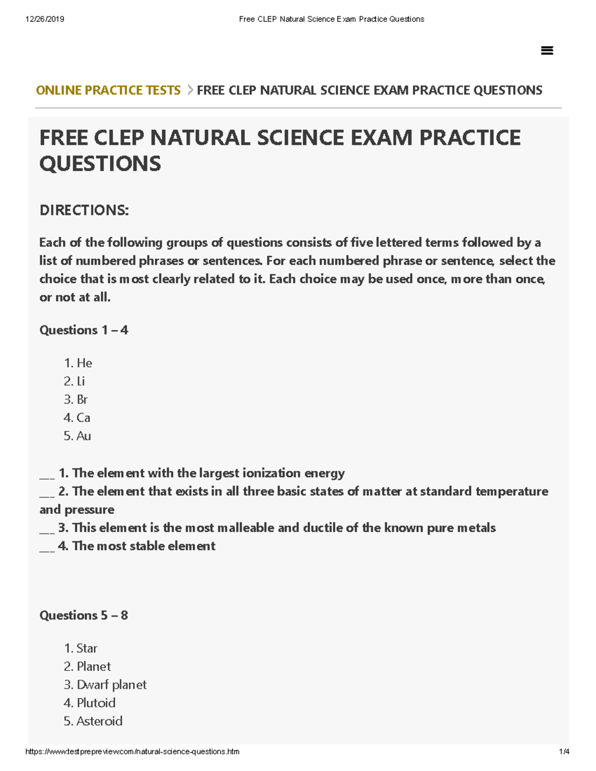 Free CLEP Natural Science Exam Practice Questions ONLINE PRACTICE 