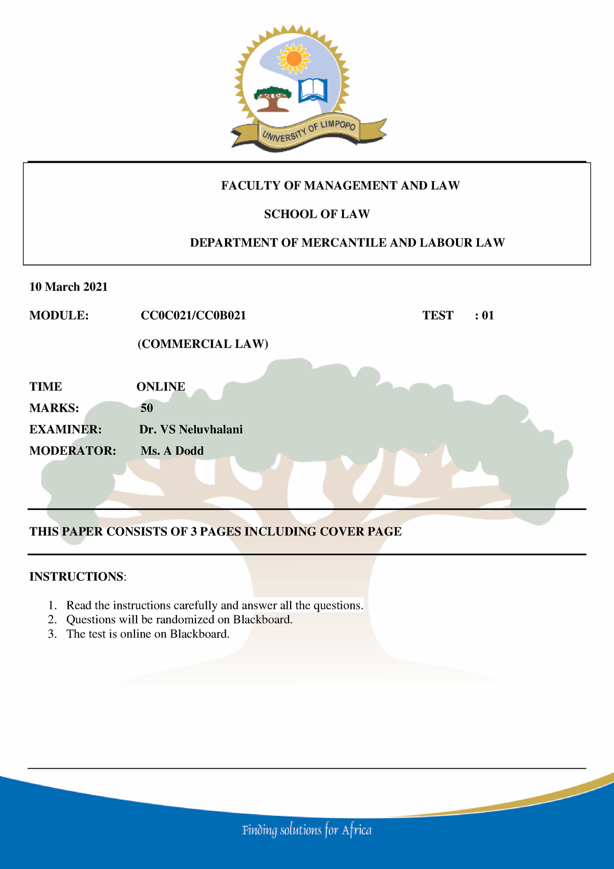 Commercial Law Test 1 March 2021 Final - FACULTY OF MANAGEMENT AND LAW ...