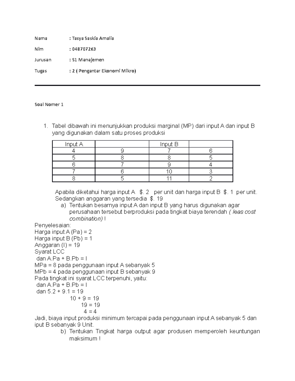 Tugas 2 ( Pengantar Ekonomi Mikro) - Nama : Tasya Saskia Amalia Nim ...