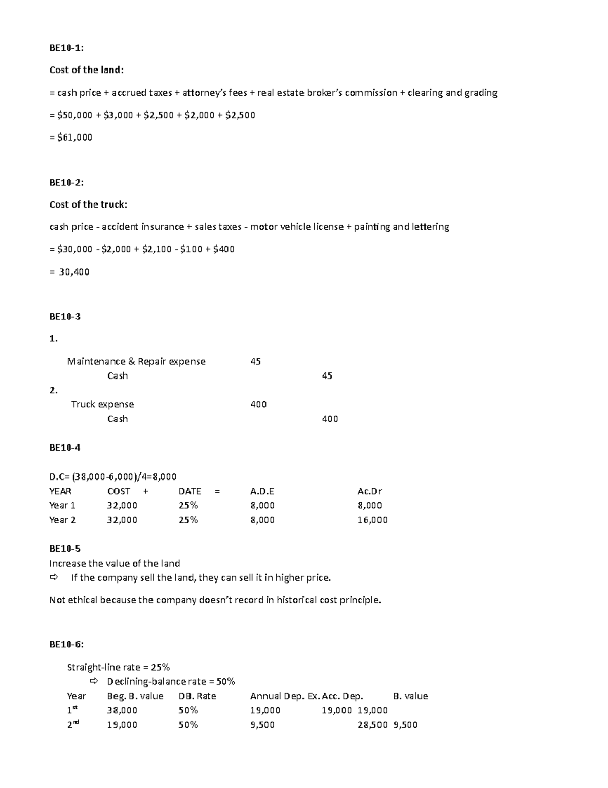 BE10 hihi BE101 Cost of the land = cash price + accrued taxes