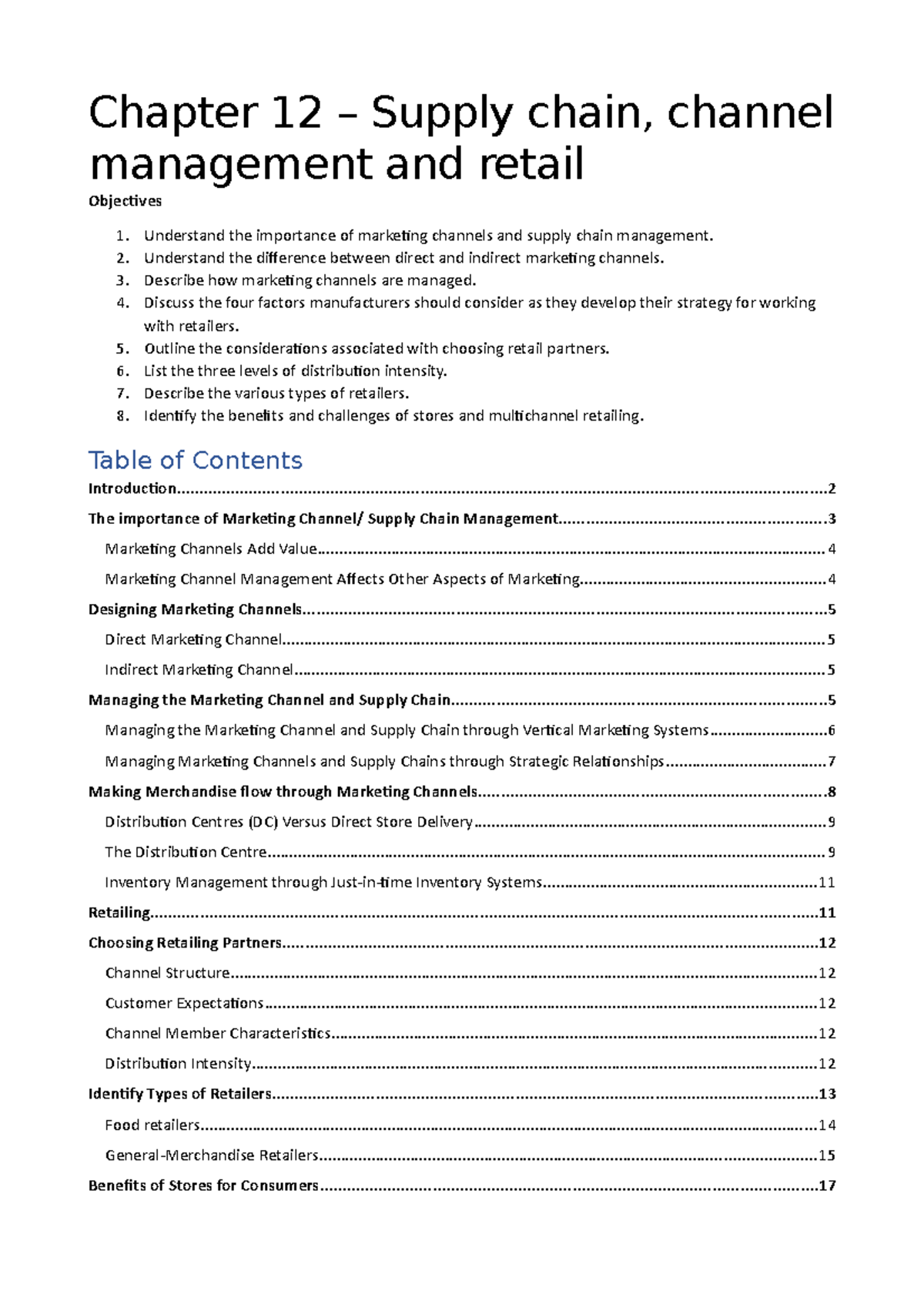 Wk8 Ch12 notes - Summary Marketing 2 - Chapter 12 – Supply chain ...
