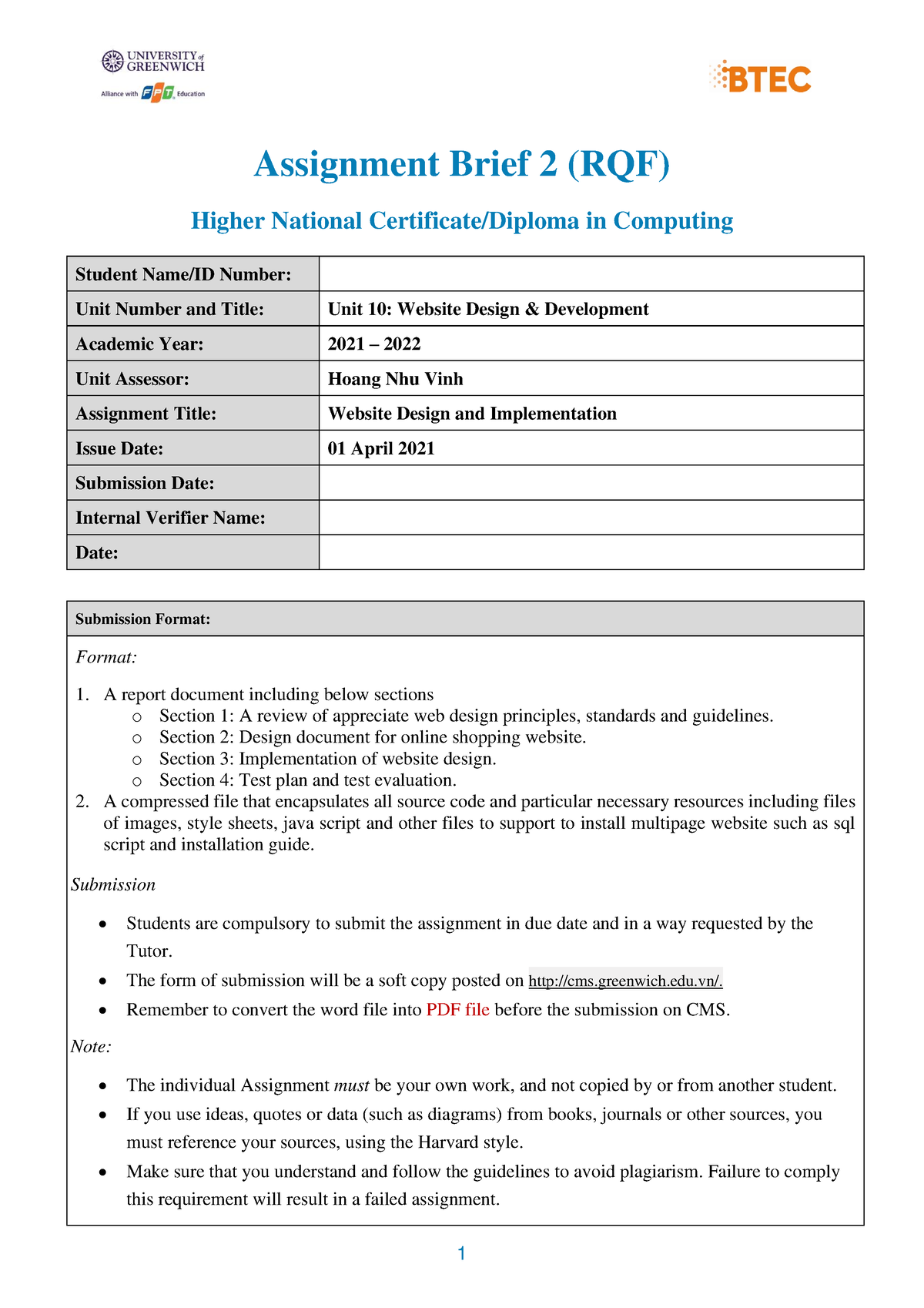 Unit 10.Assignment brief 2 (2021 - 2022) - 1 Assignment Brief 2 (RQF ...