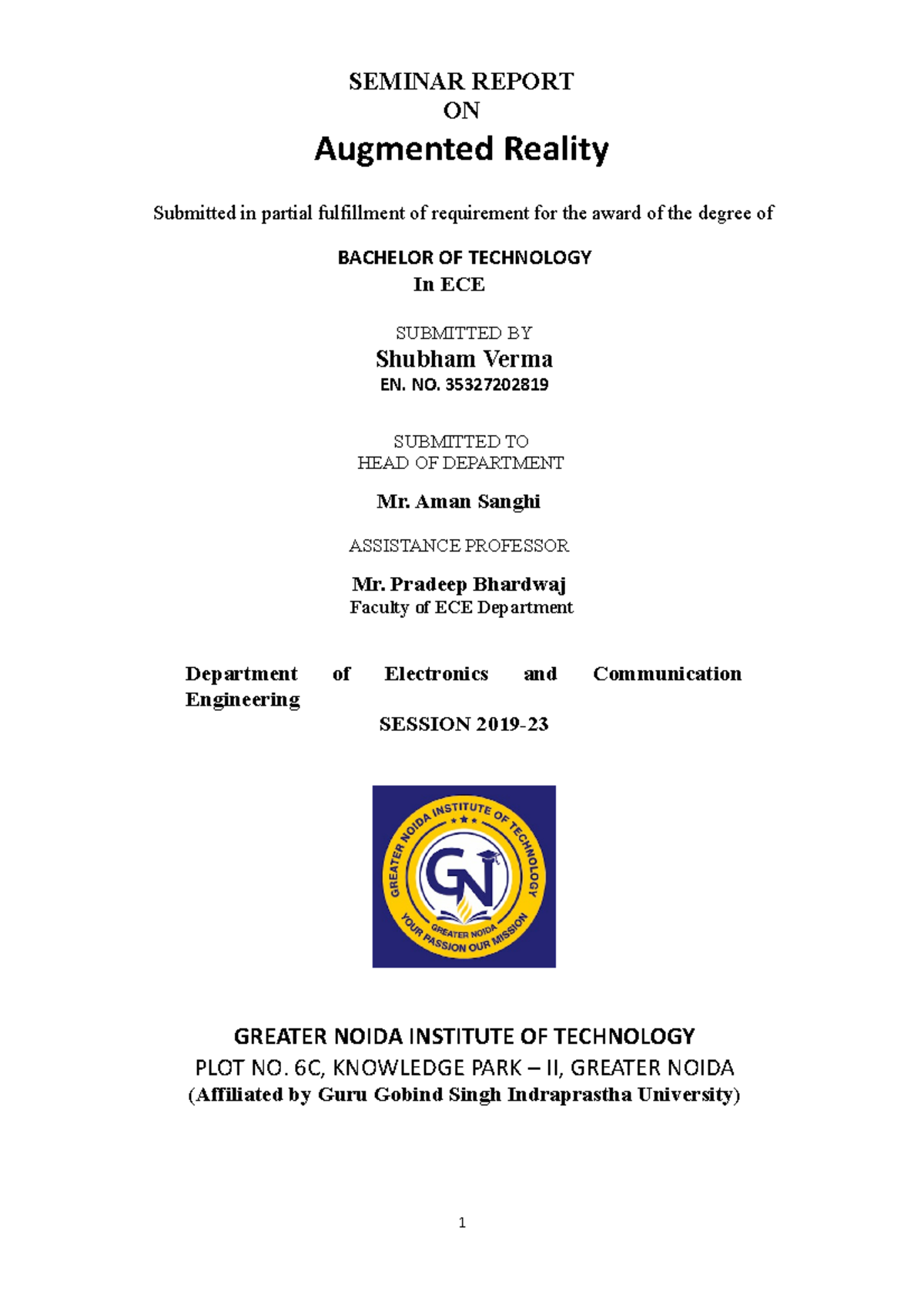 Seminar report Augmented Reality SEMINAR REPORT ON Augmented Reality