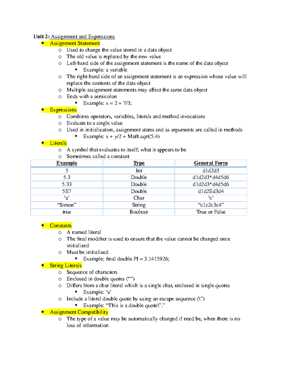 Unit 2 Assignment and Expressions - Unit 2: Assignment and Expressions ...
