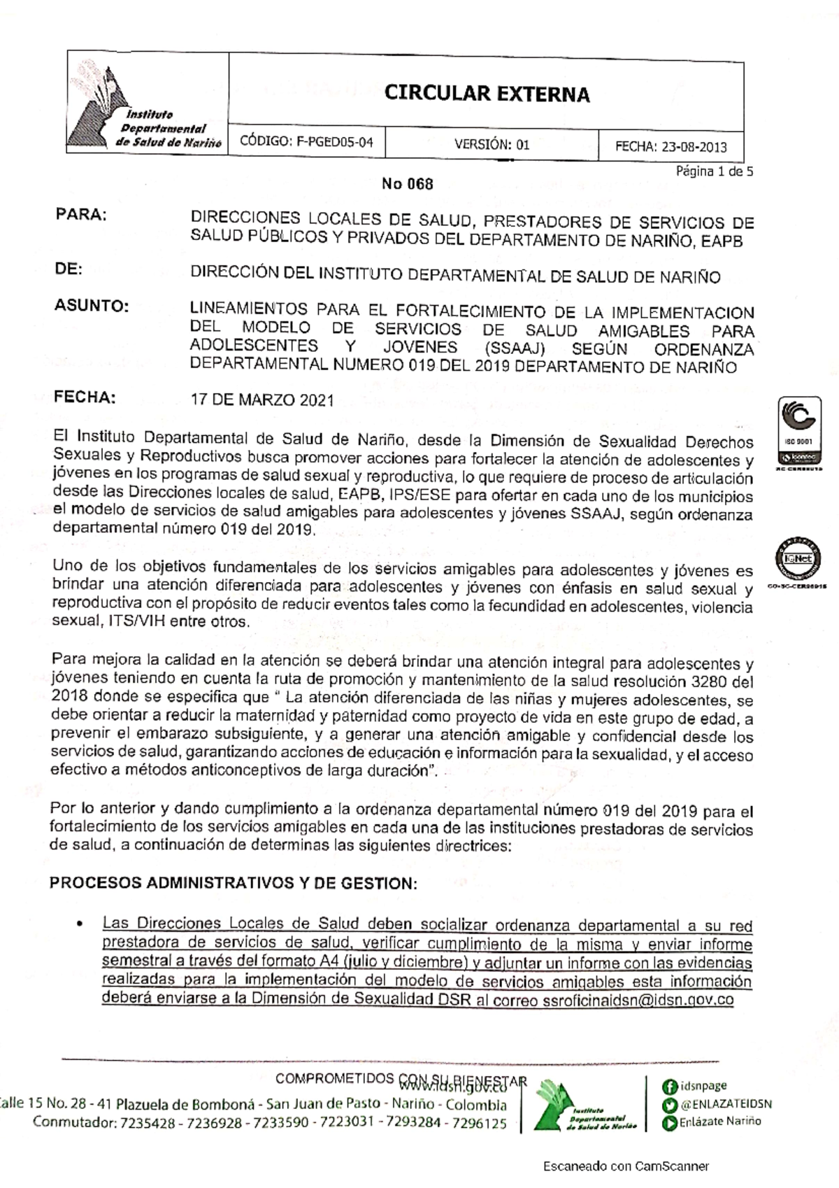 Circular 068 Lineamientos Implementacion Ssaaj - Salud - Studocu