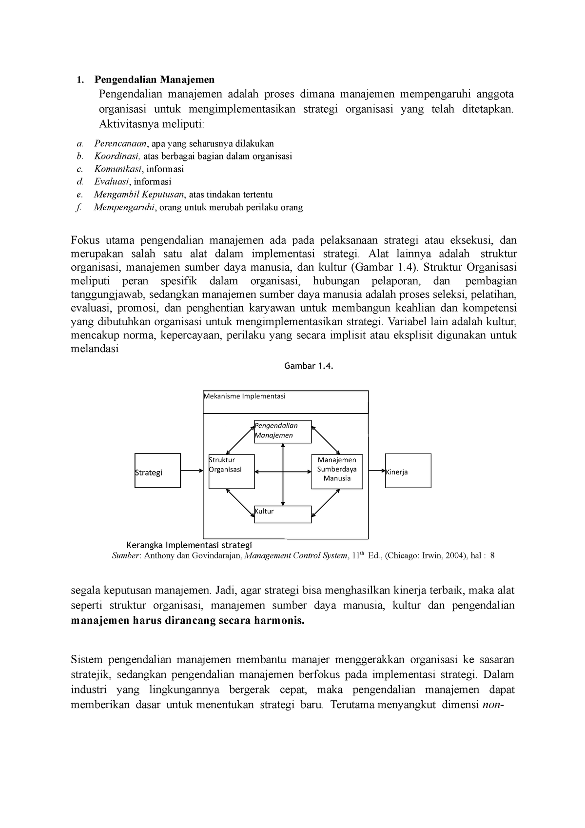 Sistem Pengendalian Manajemen 2 - Strategi Mekanisme Implementasi Kinerja Kultur Manajemen - Studocu