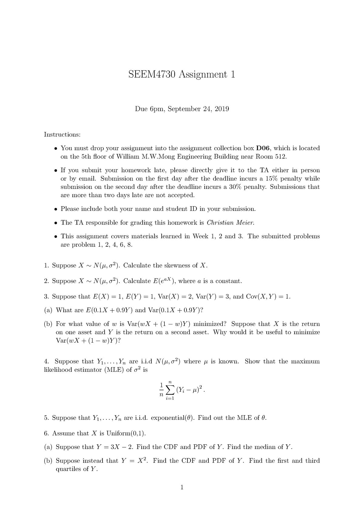 Hwk1 Basic Statistics Questions Seem4730 Assignment Due 6pm September 24 19 Studocu