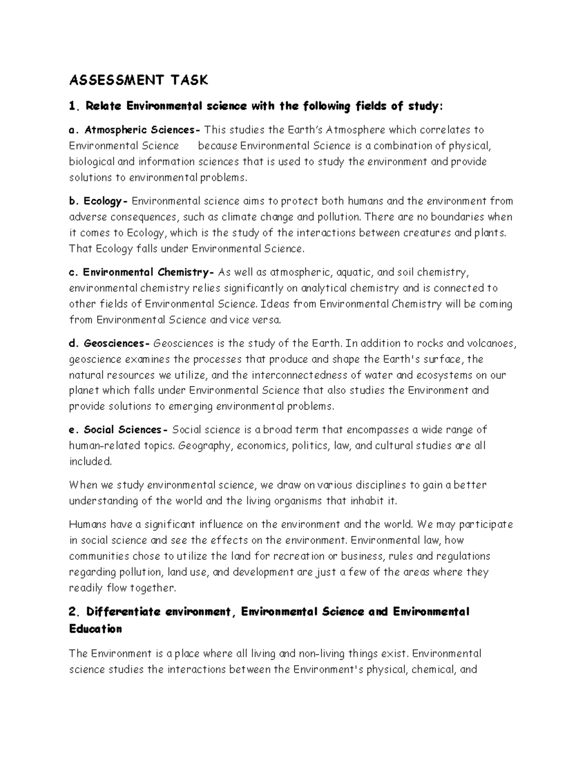 Environmental Science - ASSESSMENT TASK 1. Relate Environmental science ...