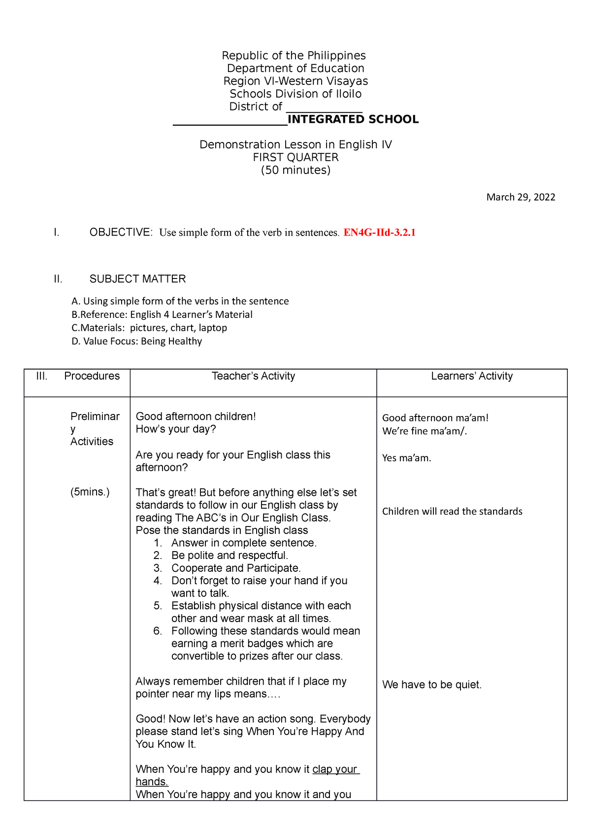 Co Lesson Verbs Republic Of The Philippines Department Of Education Region Vi Western Visayas