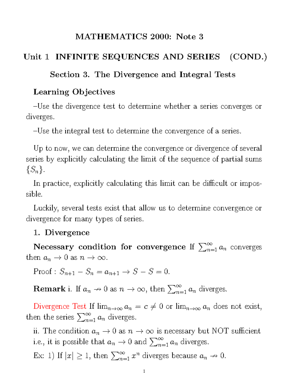 N3 - Lecture notes - MATHEMATICS 2000: Note 3 Unit 1 INFINITE SEQUENCES ...