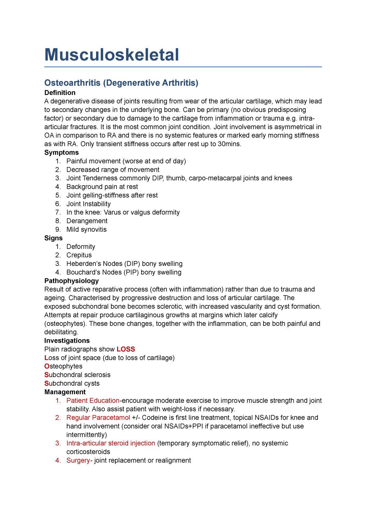 Musculoskeletal System Notes Musculoskeletal Osteoarthritis