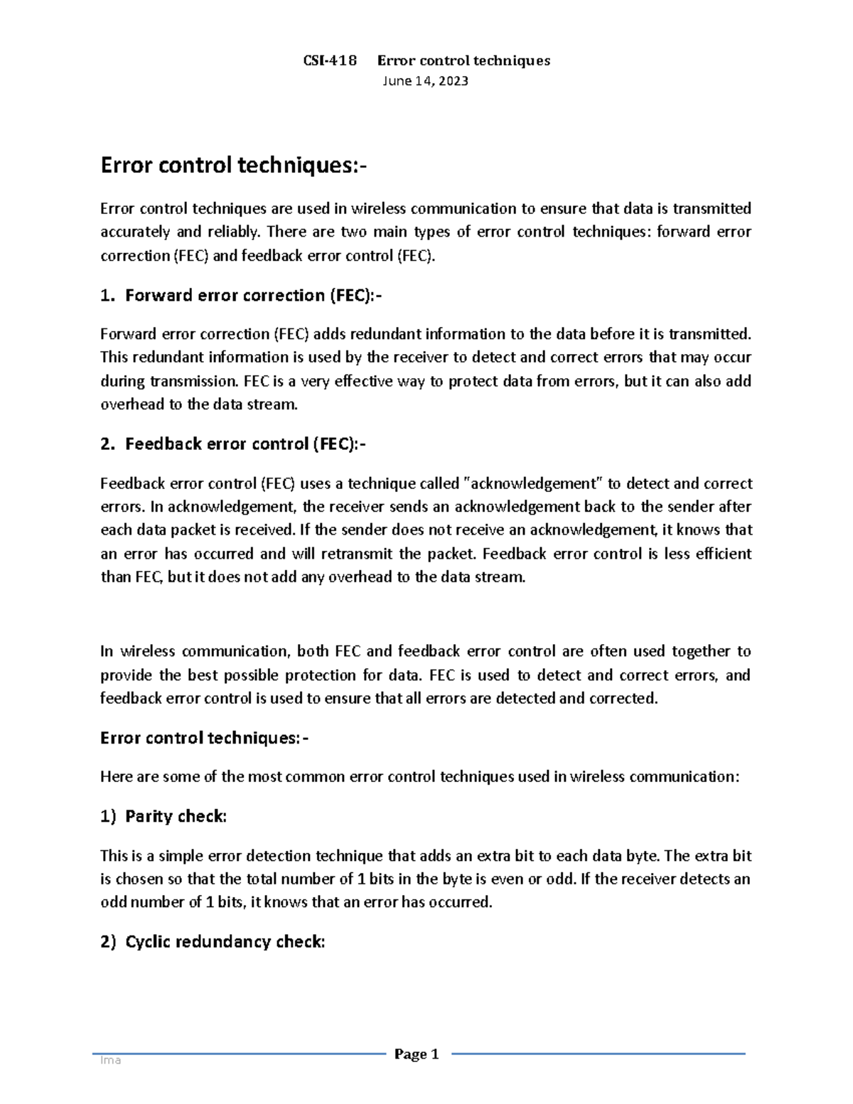 Error control techniques - There are two main types of error control ...