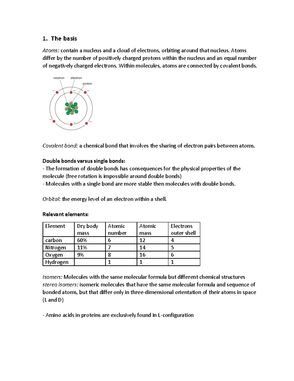 Summary Protein Science lecture 1 1. The basis Atoms contain a