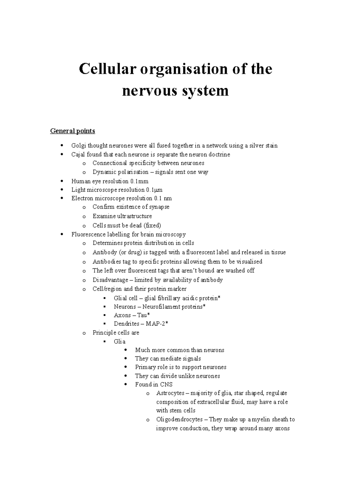 Merge - Lecture notes 1-21 - Cellular organisation of the nervous ...