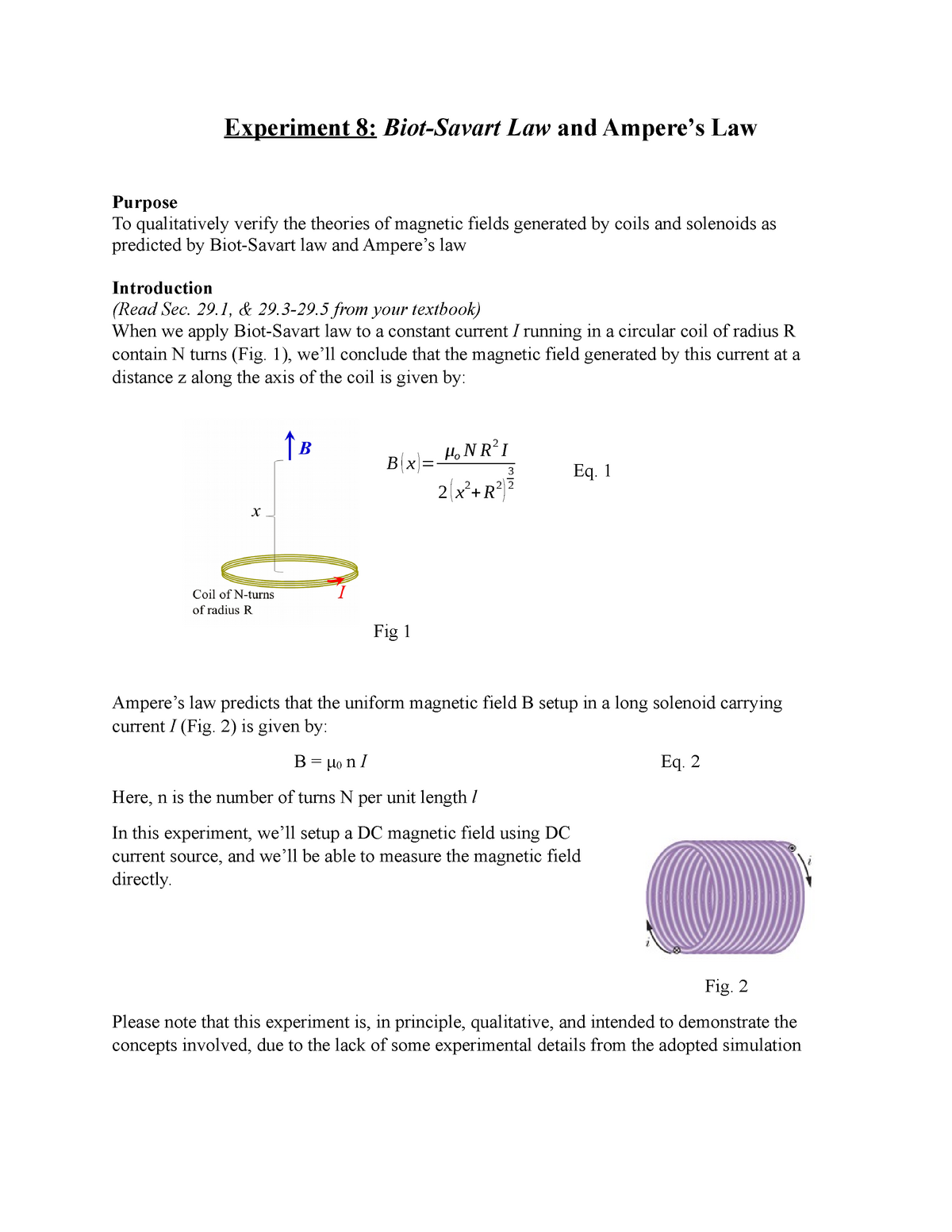 Exper 8 Physics Lab Experiment 8 Biot Savart Law And Amperes Law Purpose To Qualitatively 