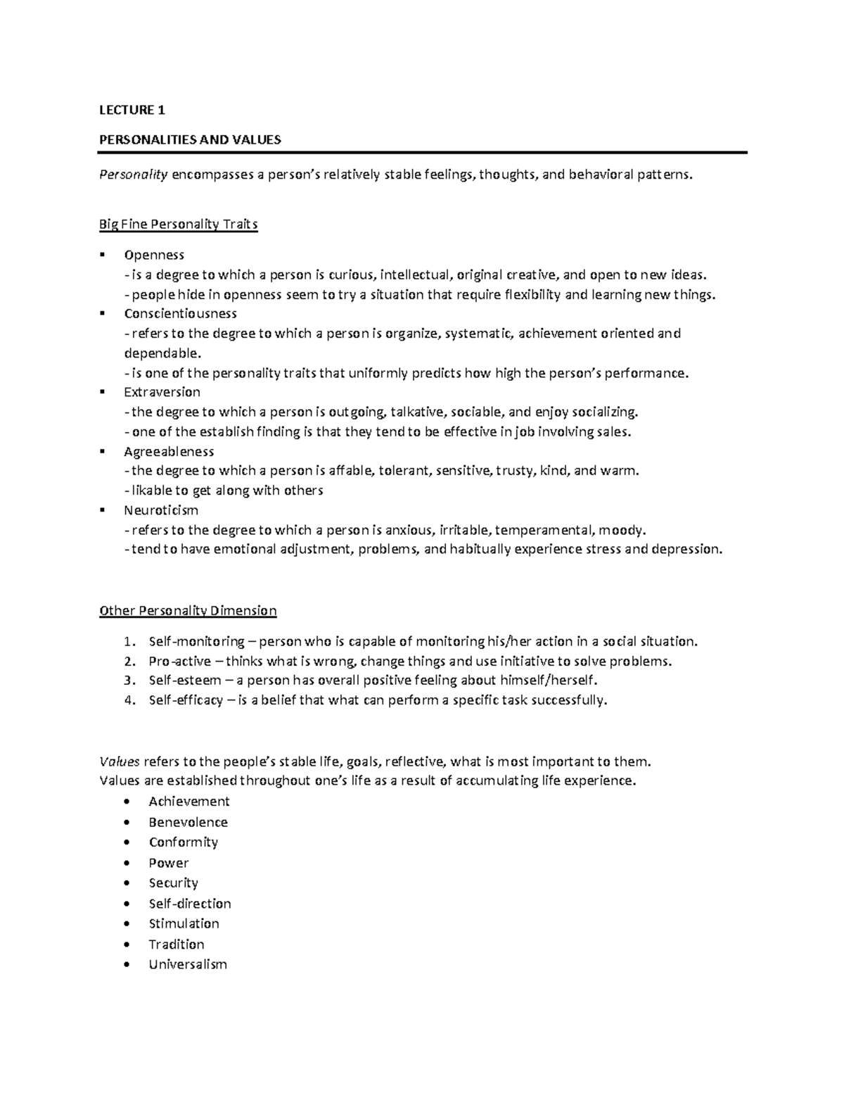 Values Education 2 [Lectures 1-3] - LECTURE 1 PERSONALITIES AND VALUES ...