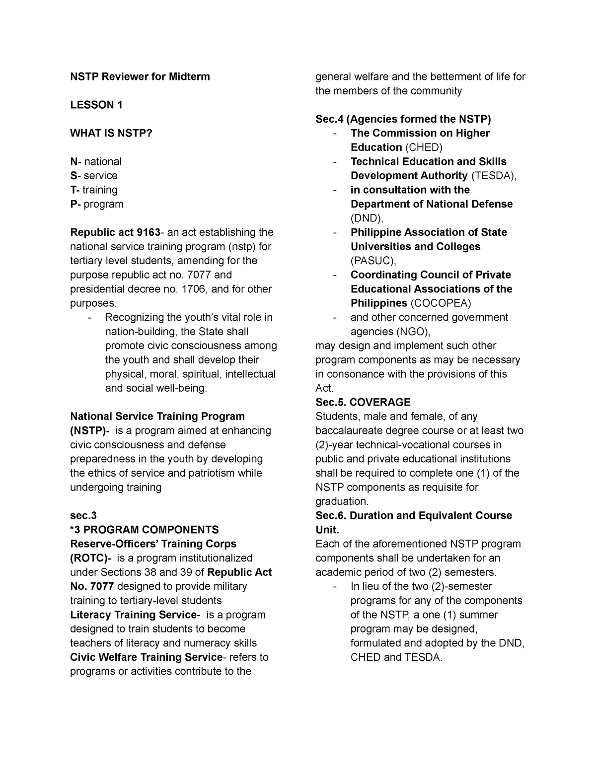 NSTP Reviewer For Midterm - NSTP Reviewer For Midterm LESSON 1 WHAT IS ...