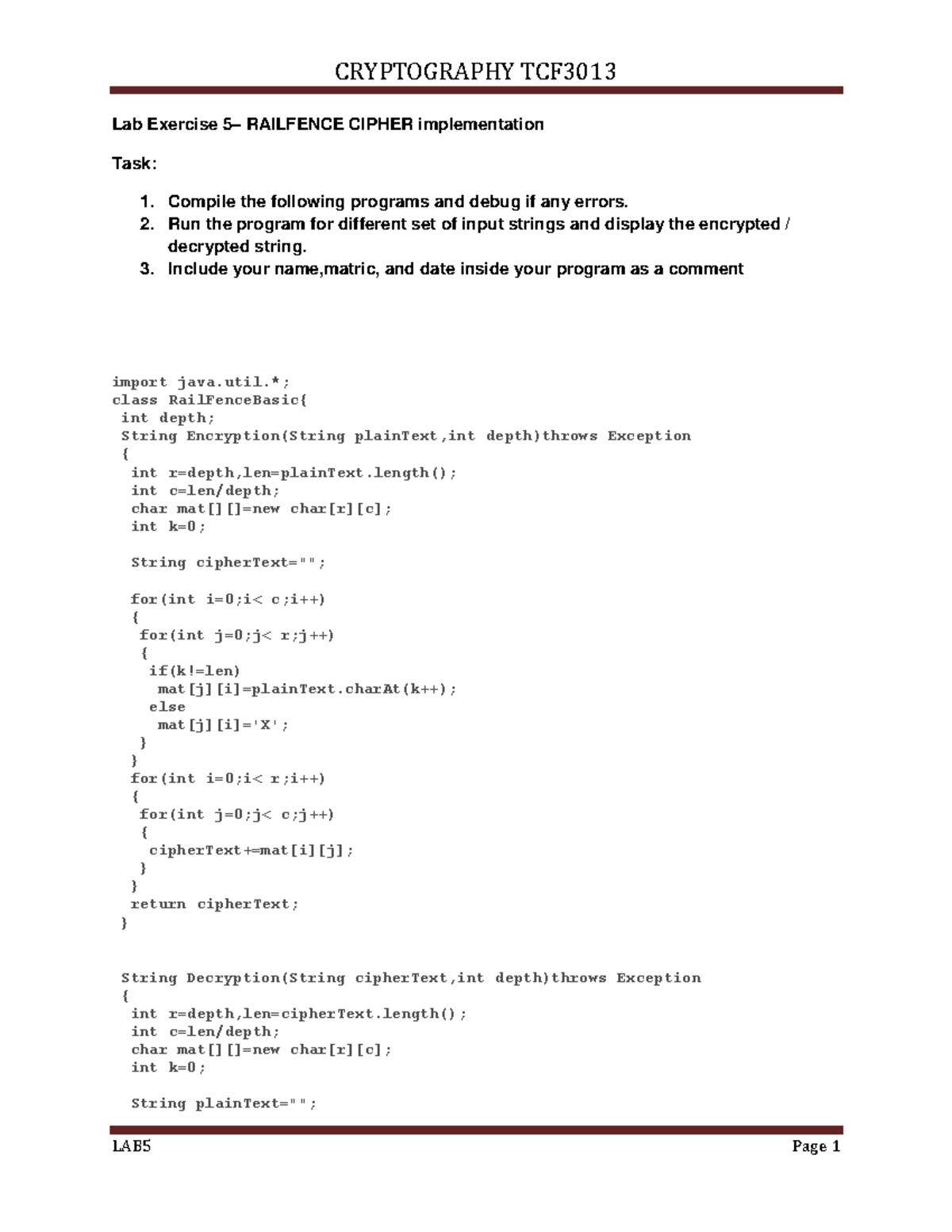 Lab. Practical 1 rail fence cipher - CRYPTOGRAPHY TCF LAB5 Page 1 Lab ...