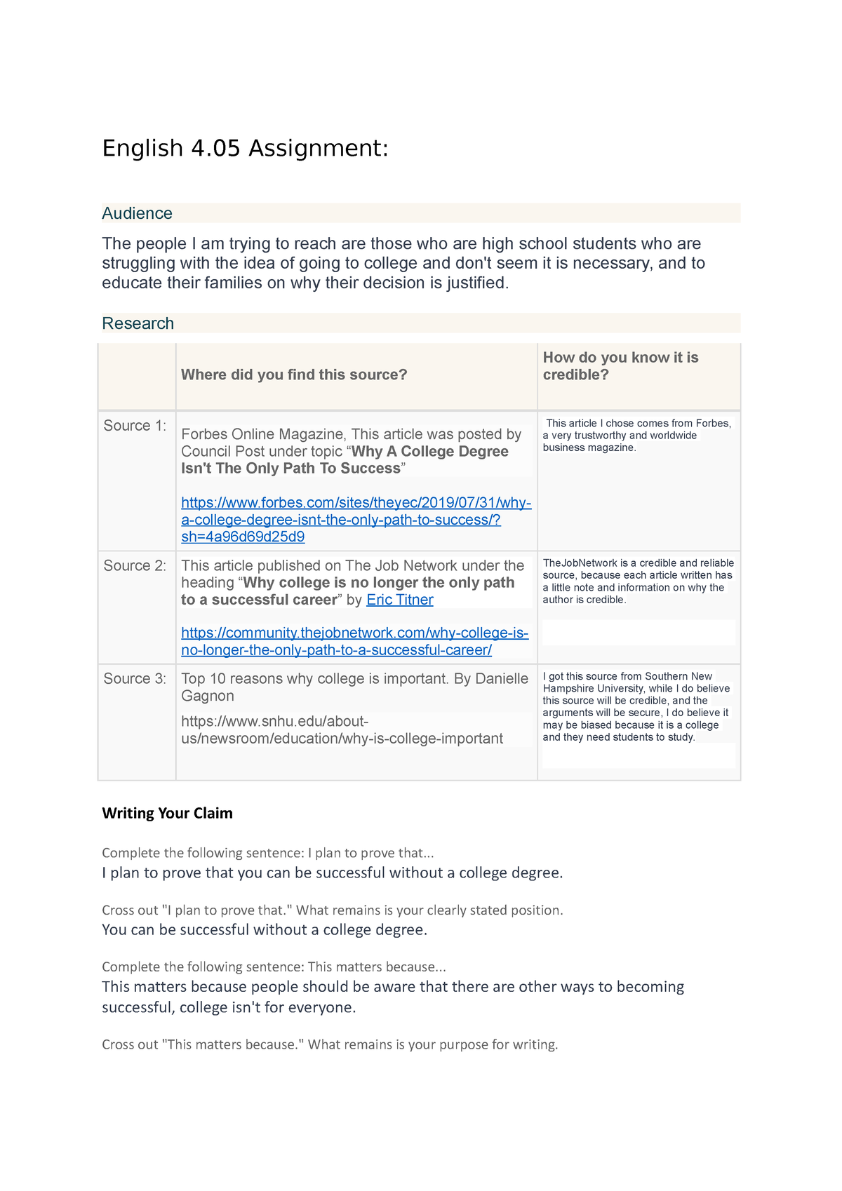 English 4 - Exercise - English 4 Assignment: Audience The People I Am ...