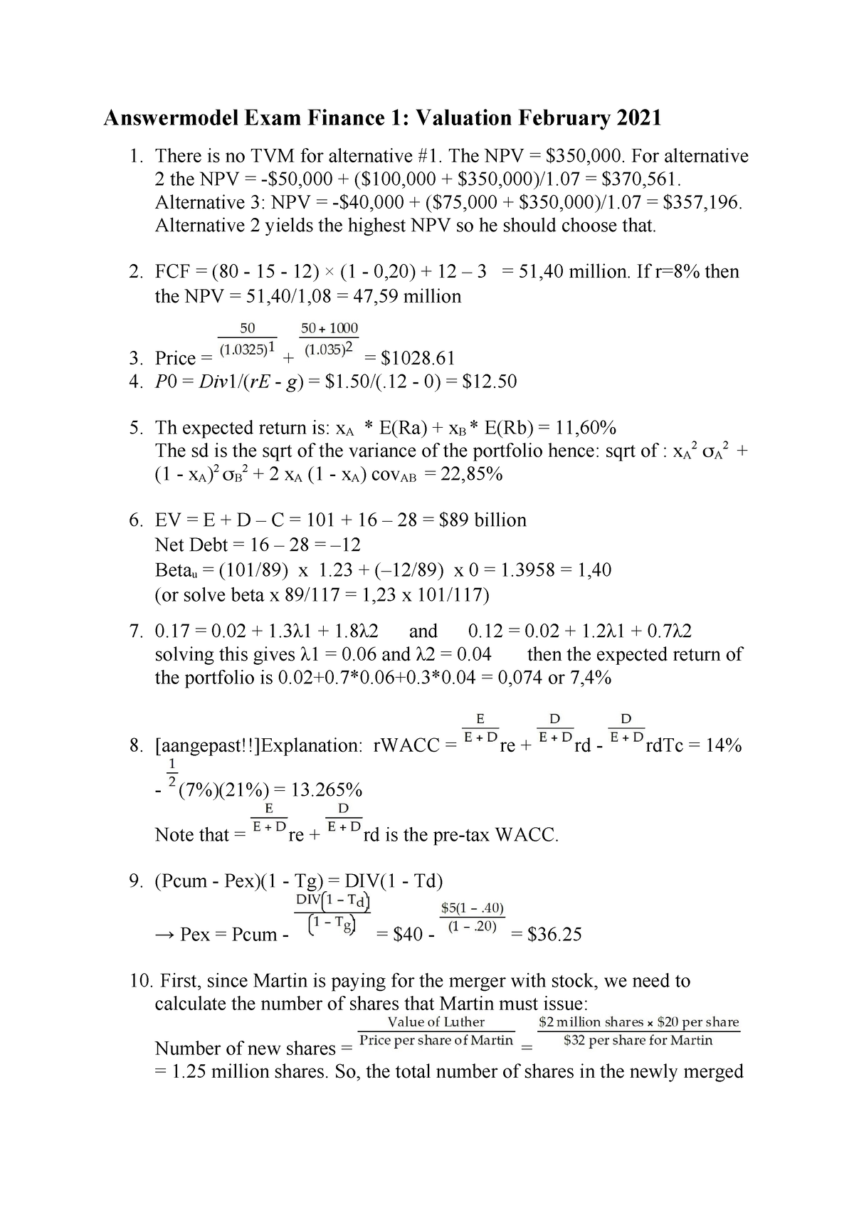 Answermodel Exam February 2021 - Answermodel Exam Finance 1: Valuation ...