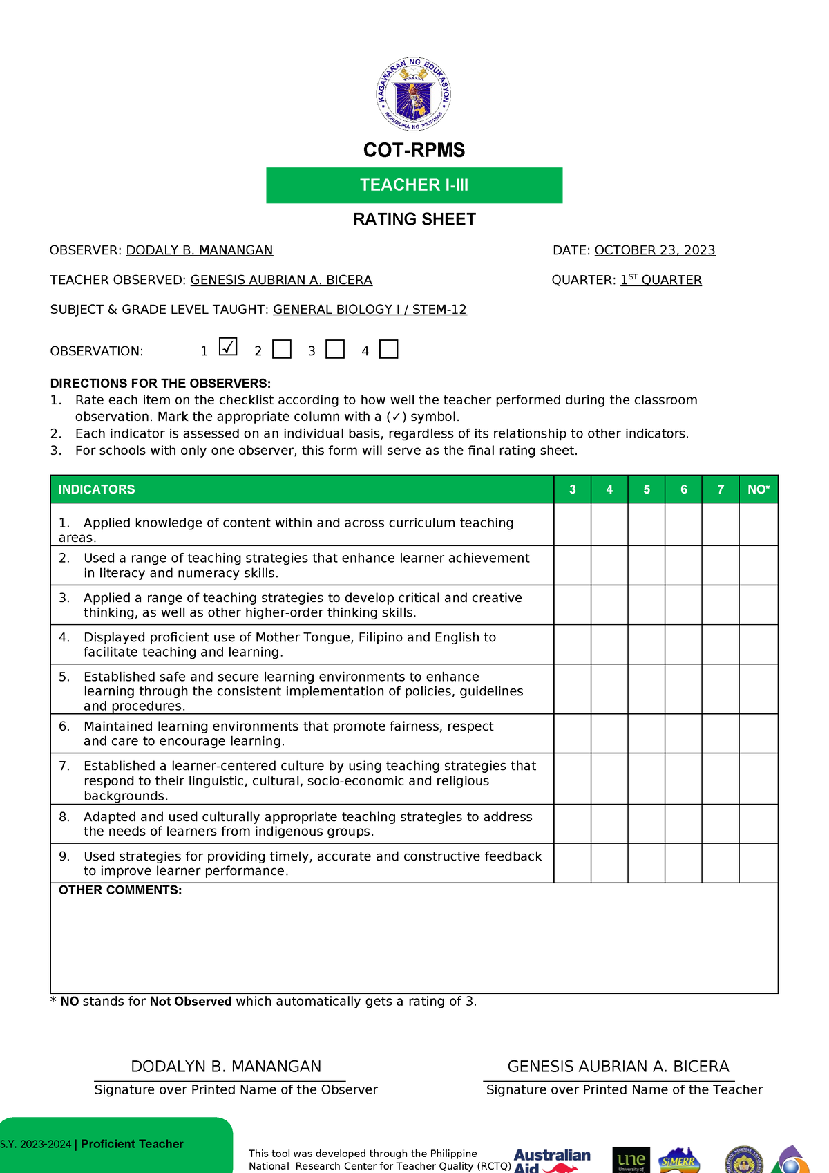 [Appendix C-03] COT-RPMS Rating Sheet for T I-III for SY 2023-2024 ...