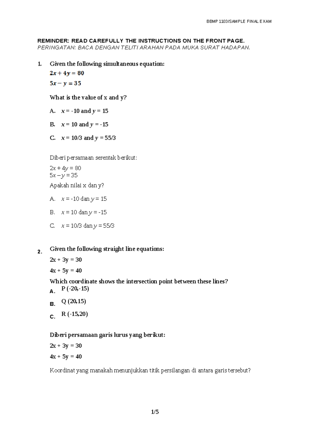 Mathematics of business sample exam - REMINDER: READ CAREFULLY THE ...