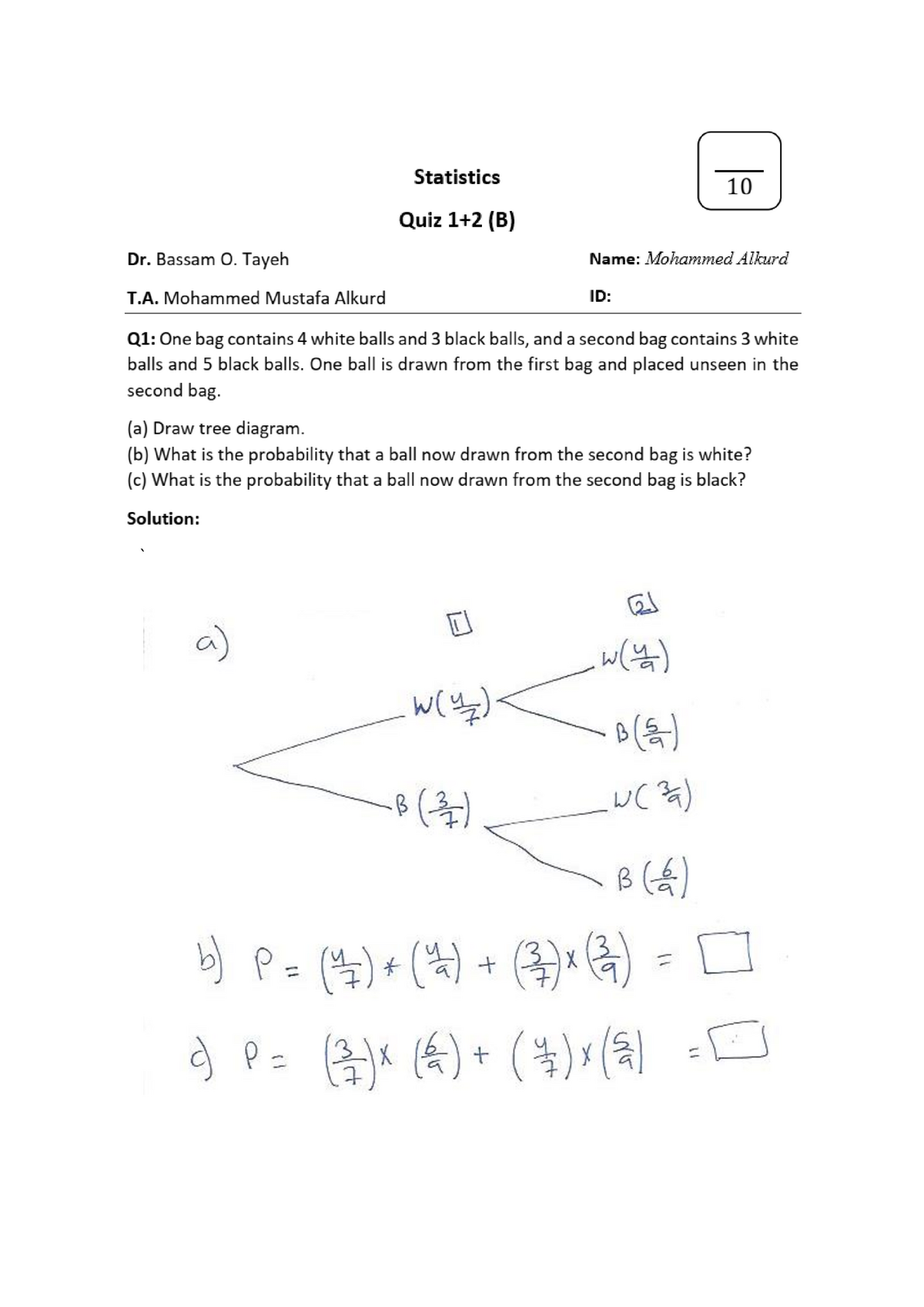 Quiz Model Solution For AS Statistical Analysis With Software 