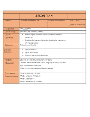 Adjectives LP 2023 - English Lesson plan grade 4. - LESSON PLAN Grade 4 ...