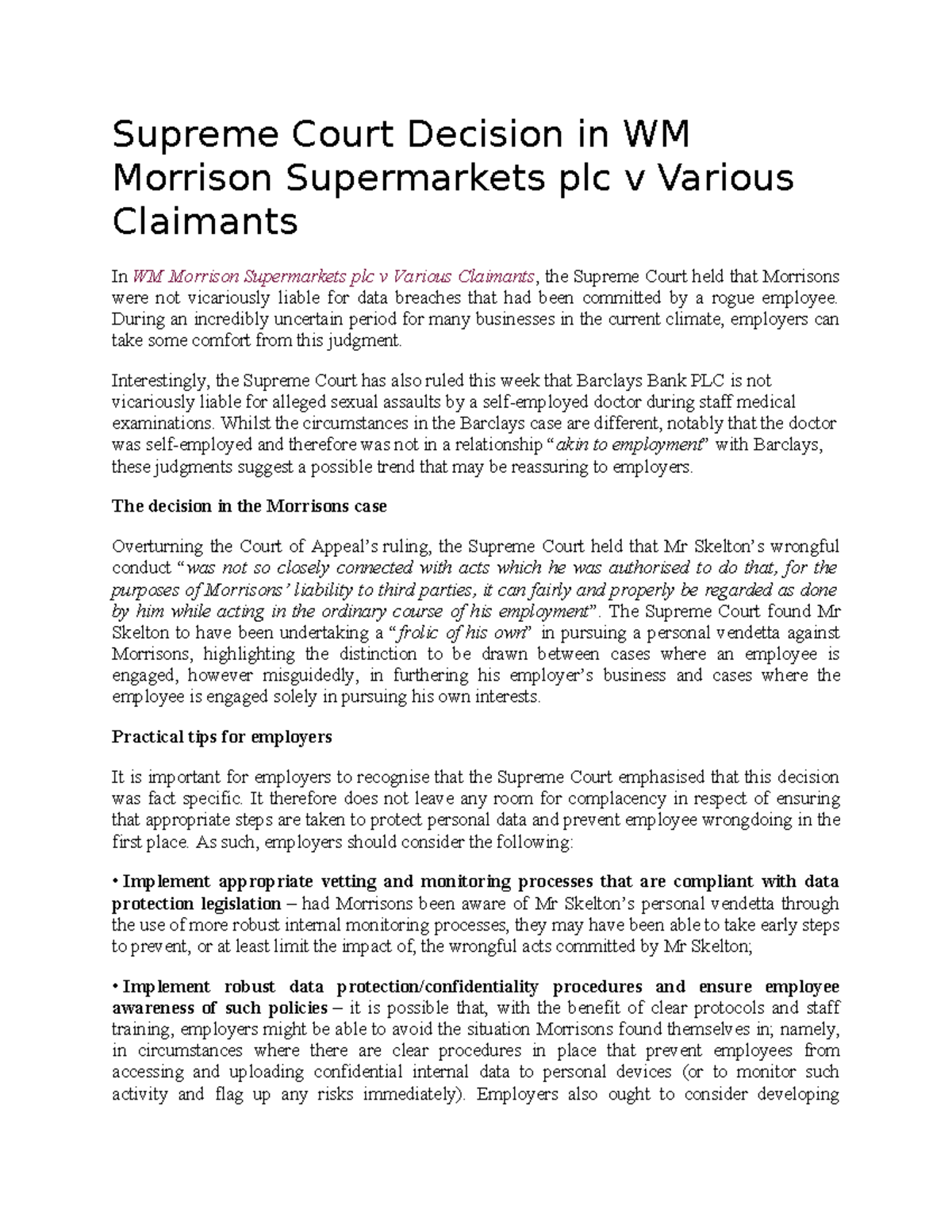 Supreme Court Decision in WM Morrison Supermarkets plc v Various