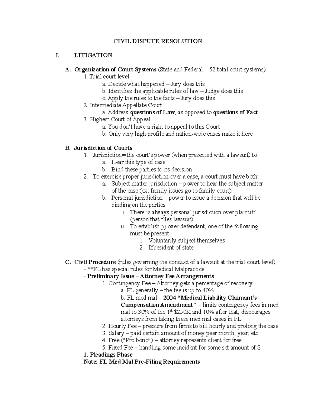 Outline 2-Civil Dispute Resolution - CIVIL DISPUTE RESOLUTION I ...