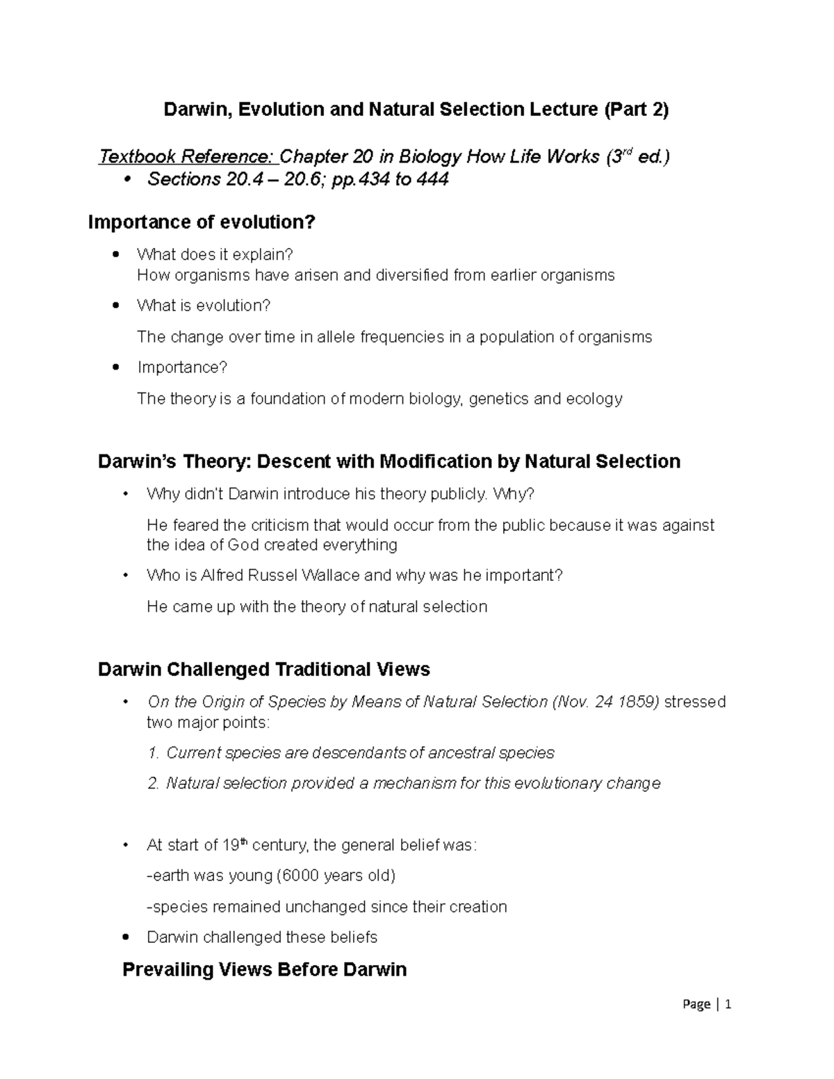 CH 20 3e Pt 2 Darwin, Evolution and Natural Selection WF Notes - Darwin ...