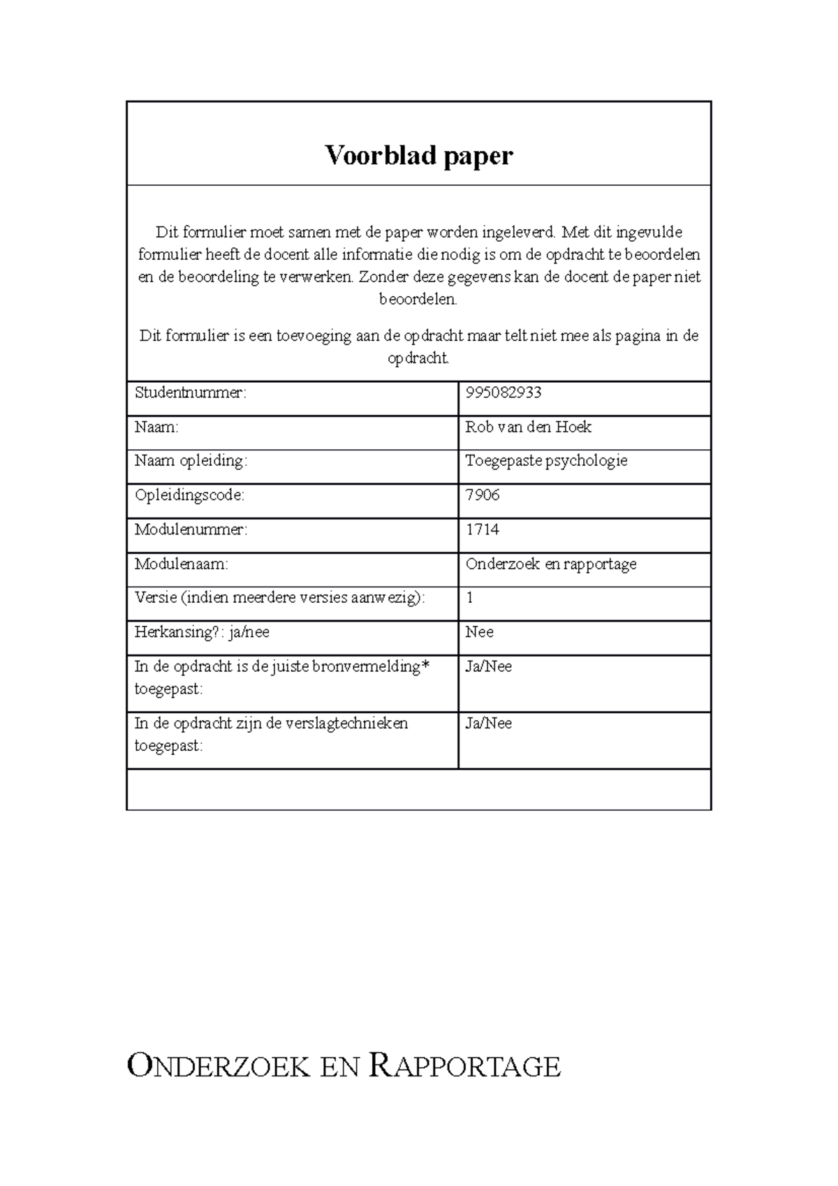 Paper Onderzoek En Rapportage Voorblad Paper Dit Formulier Moet Samen Met De Paper Worden