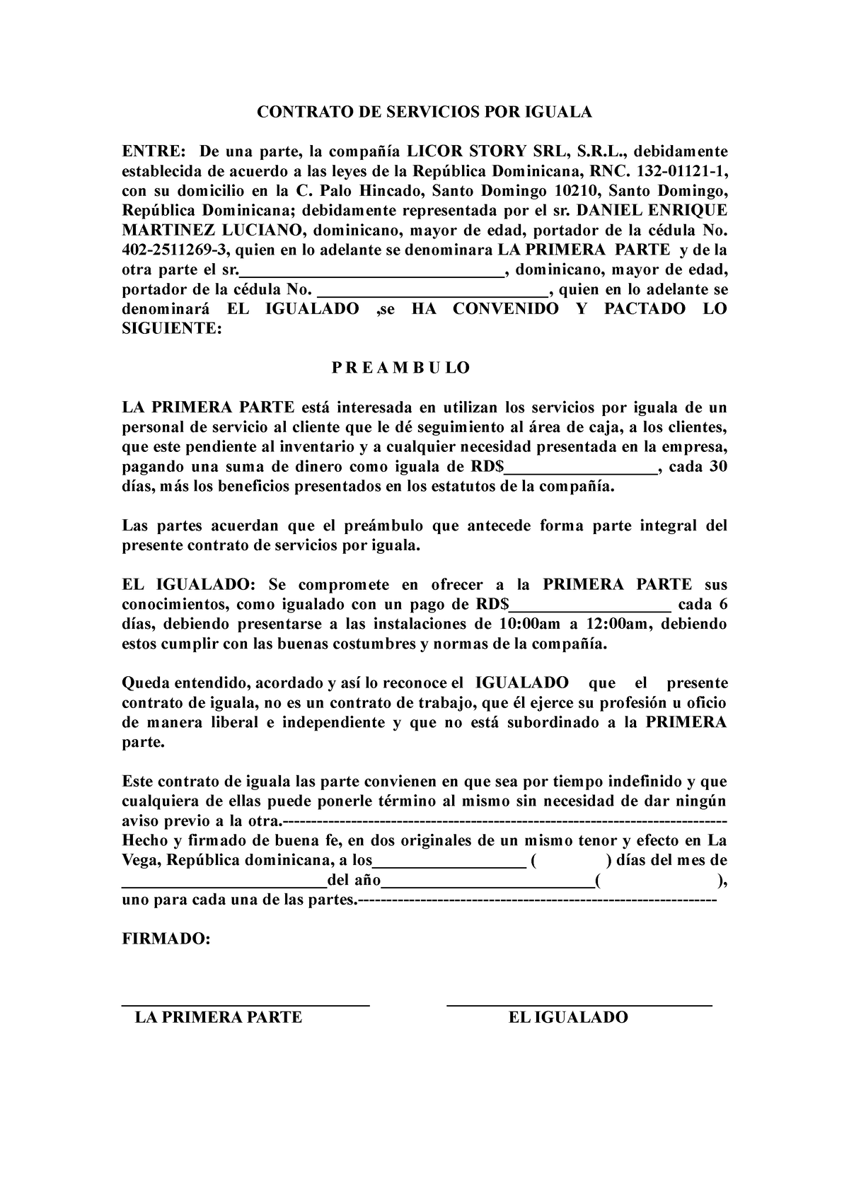 Modelo De Contrato Contrato De Servicios Por Iguala Entre De Una Parte La Compañía Licor 0912