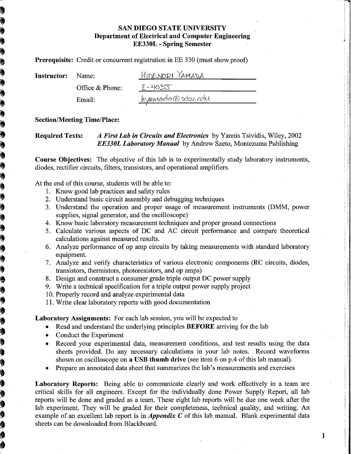 EE330L syllabus-schedule 012320 - EE 330L - Studocu