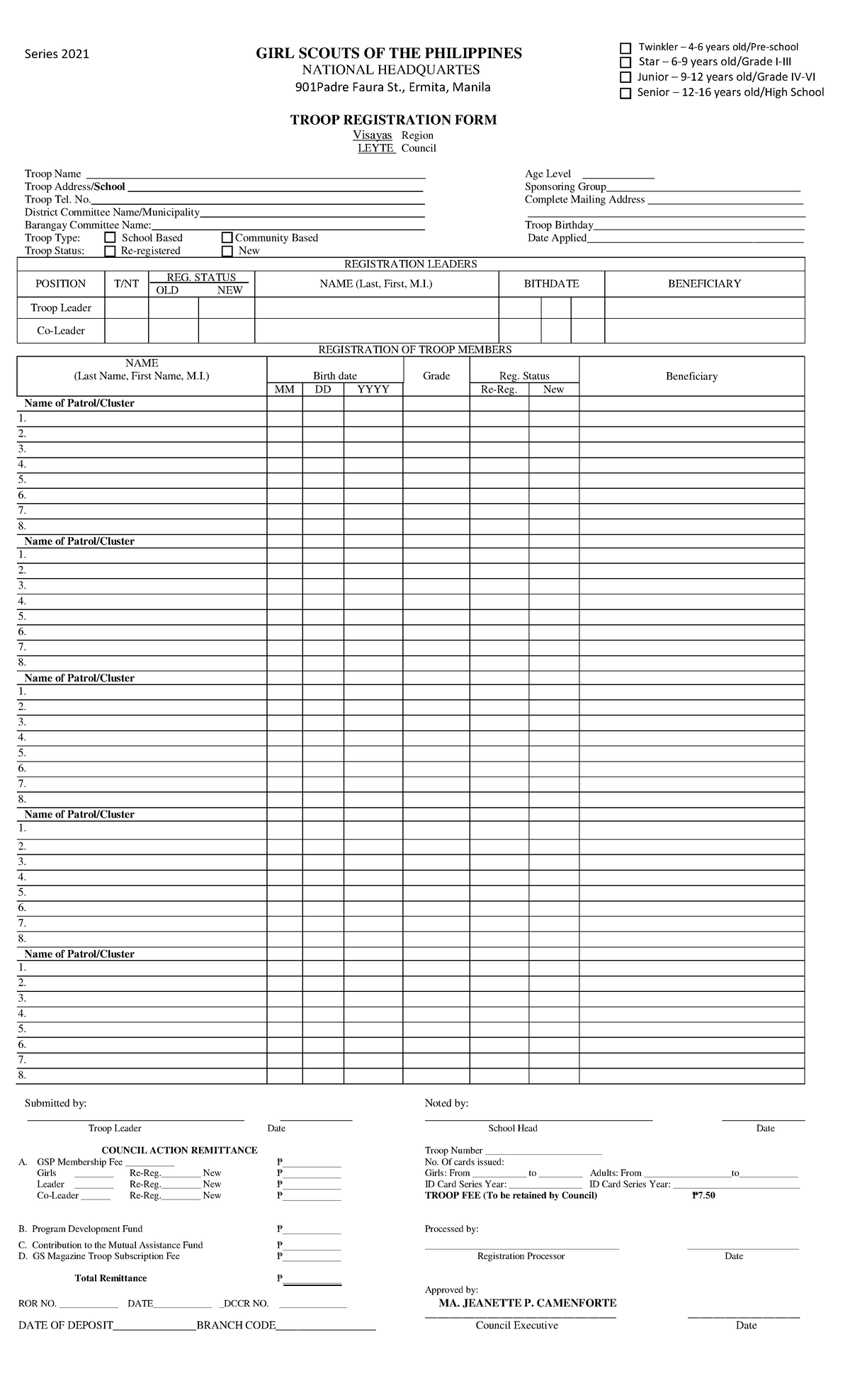 GSP Troop Reg Form Rrrrr Series 2021 GIRL SCOUTS OF THE PHILIPPINES