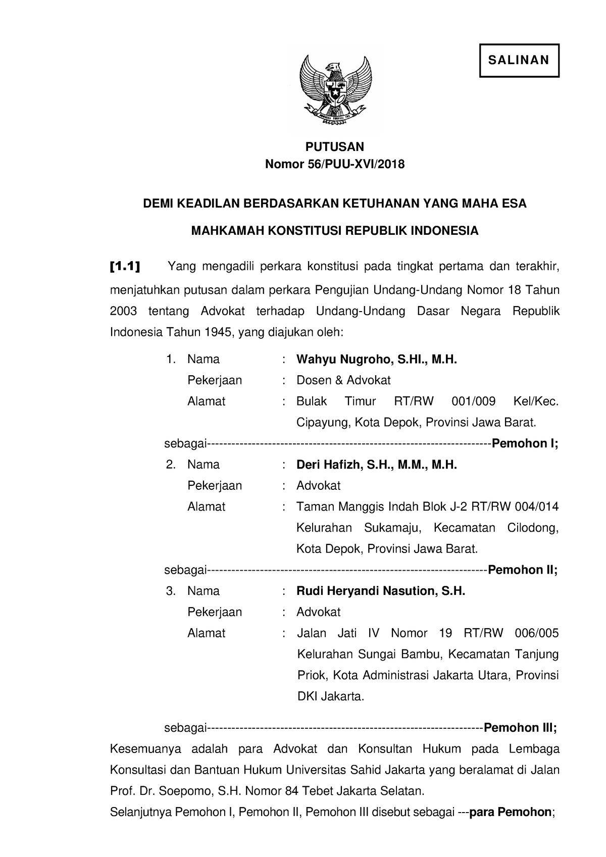 Putusan Mkri 5339 - SALINAN PUTUSAN Nomor 56/PUU-XVI/ DEMI KEADILAN ...