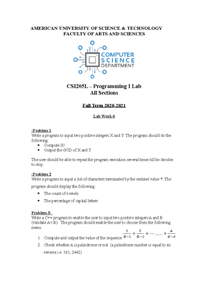 CSI205 Lab 1 - c++ practice exercises - AMERICAN UNIVERSITY OF SCIENCE ...