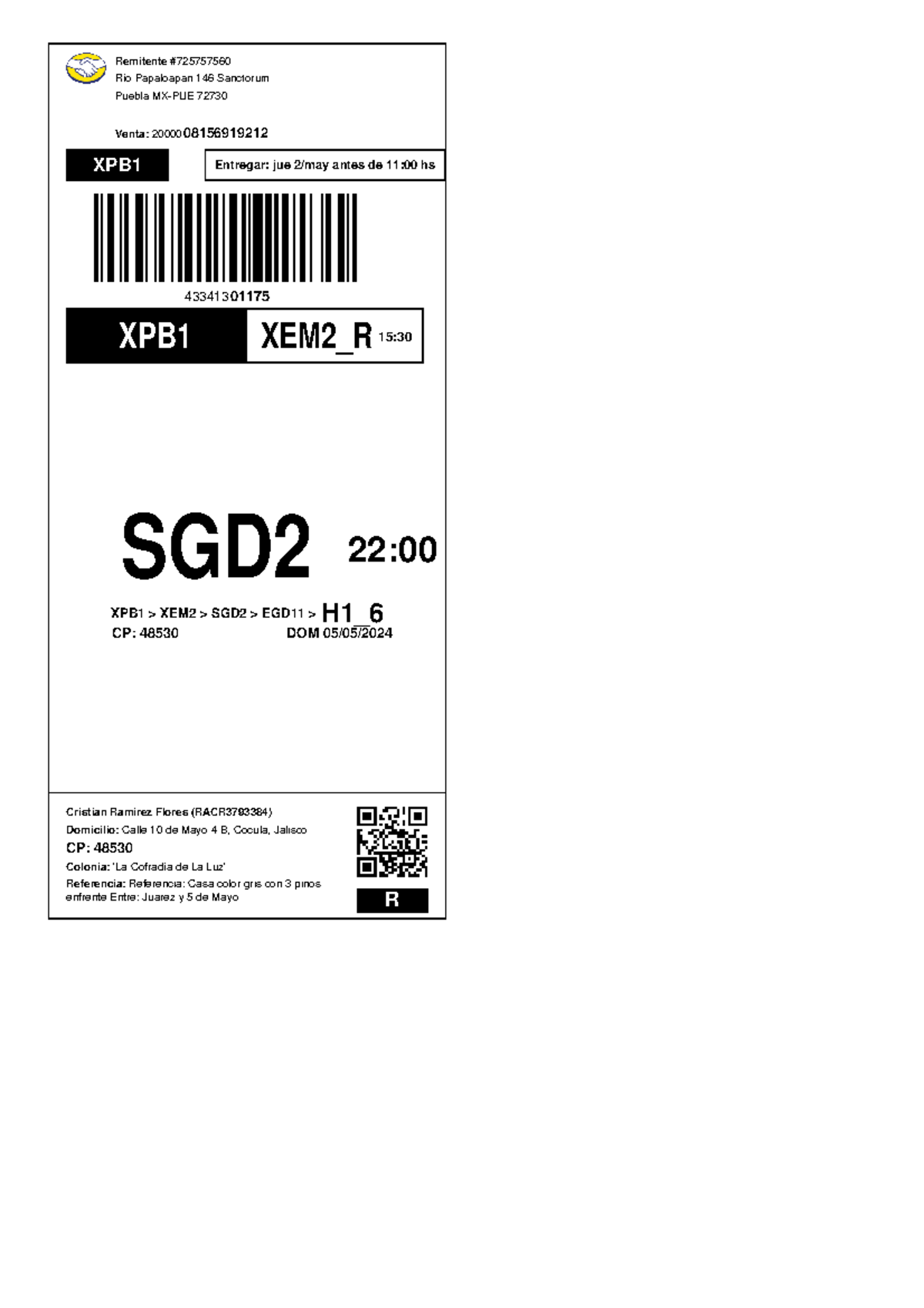 2C39737610195 Dcdab 99FE3B0E26BF7E labels - Remitente Río Papaloapan ...