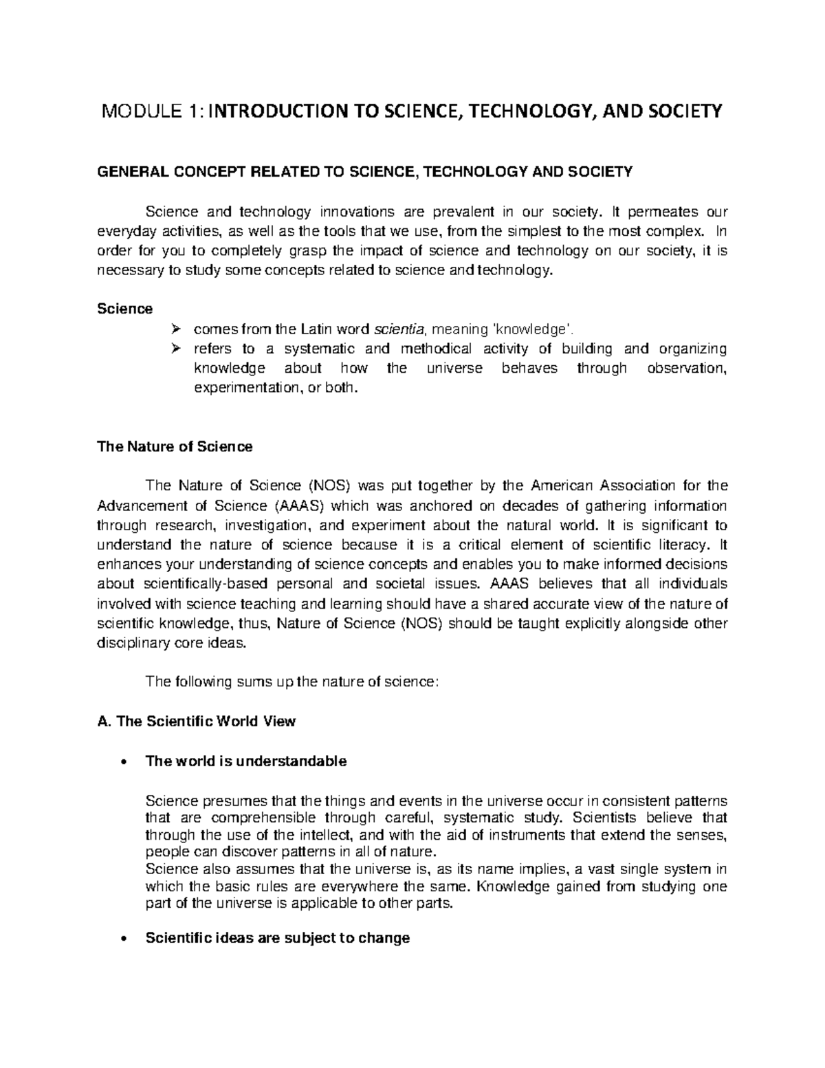 Introduction To Science Technology And Society Module 1 Introduction To Science Technology And Society Module 1