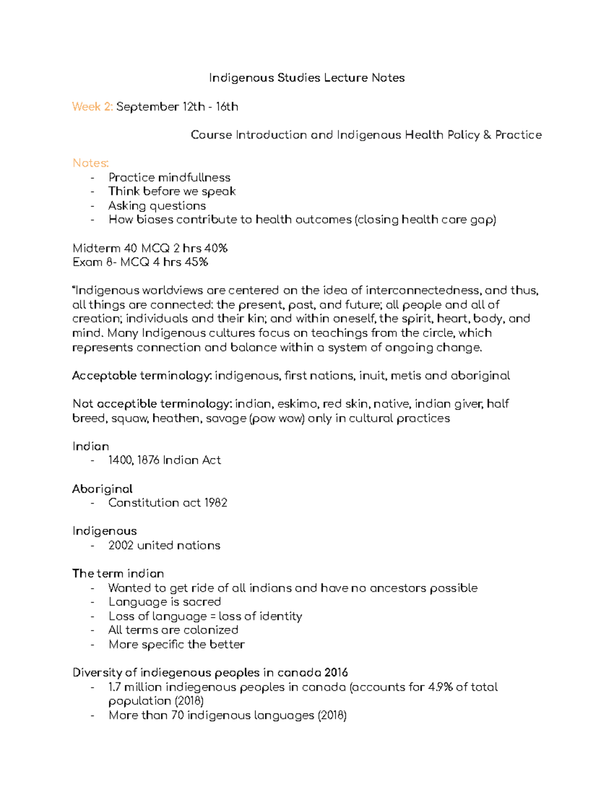 Nursing 3IH3 Lecture Notes - Indigenous Studies Lecture Notes Week 2 ...