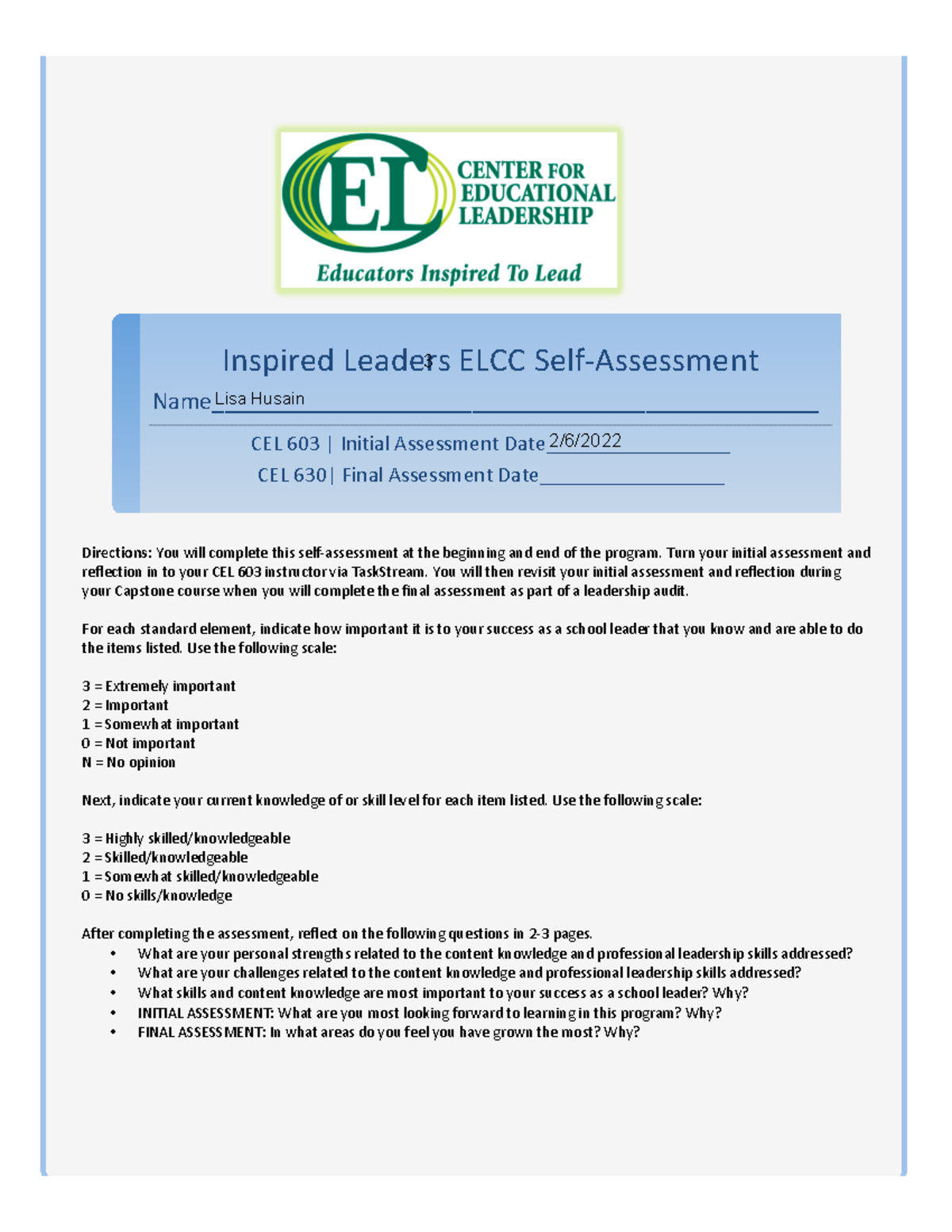 Husain CEL 603 ELCC Initial Self-Assessment - Inspired)Leaders)ELCC ...