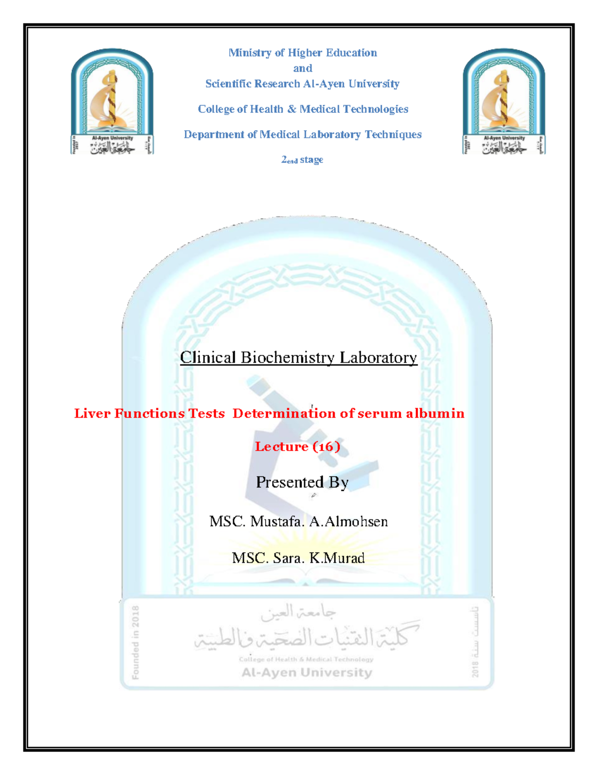 Liver Functions Tests Determination of serum albumin Clinical