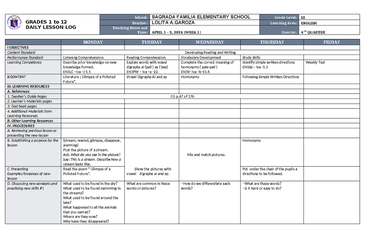 DLL English 3 Q4 W1 - JKHKJGHAKGNARG - GRADES 1 to 12 DAILY LESSON LOG ...