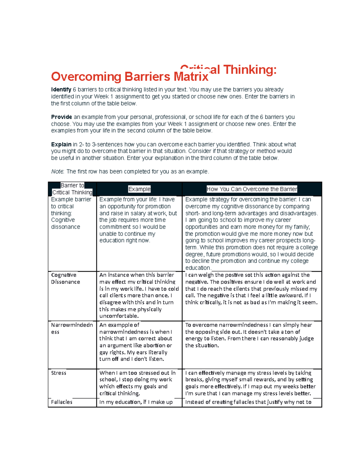 Week Three Hum115 - Week 3 - Critical Thinking: Overcoming Barriers ...