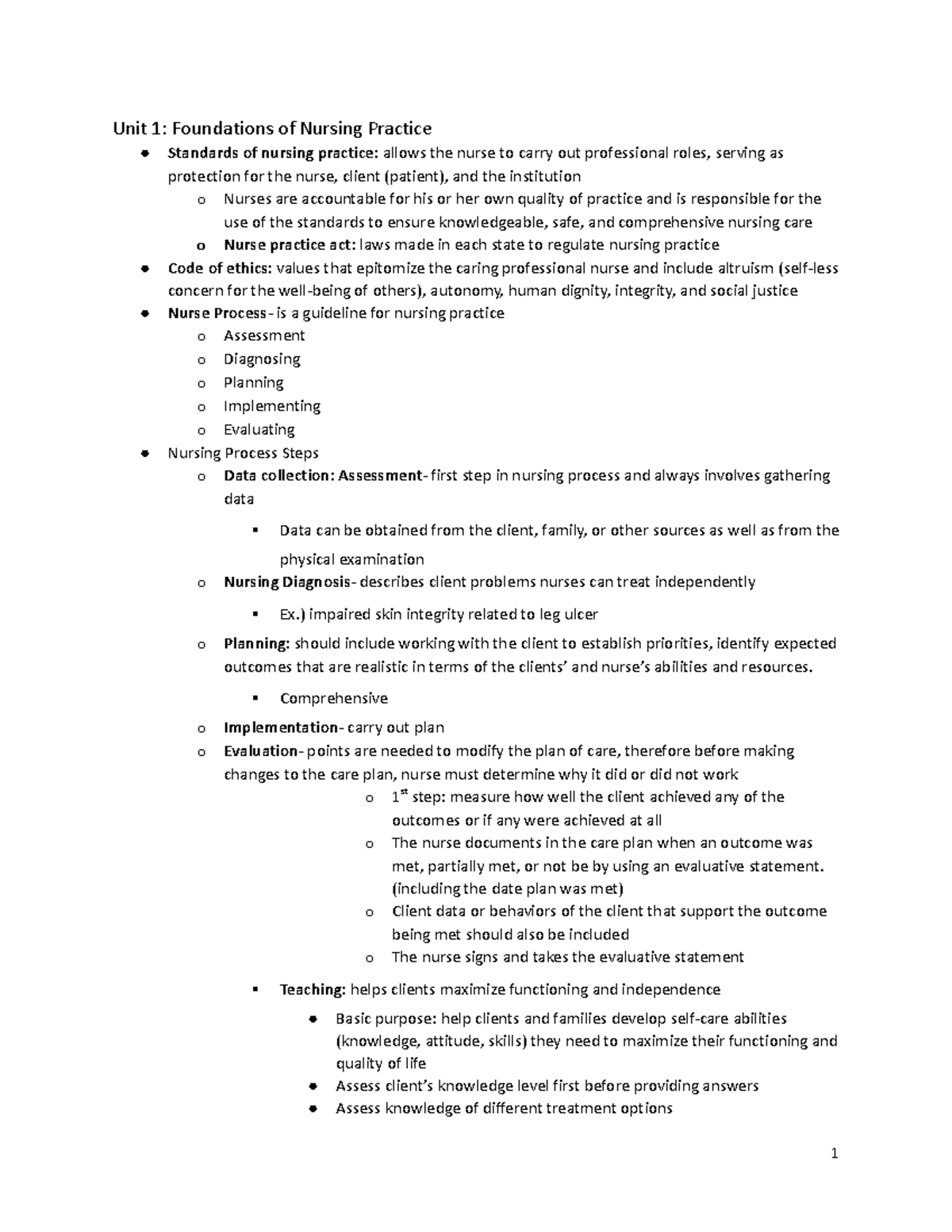 Exam 1 blueprint - FUNDAMENTALS - Unit 1: Foundations of Nursing ...