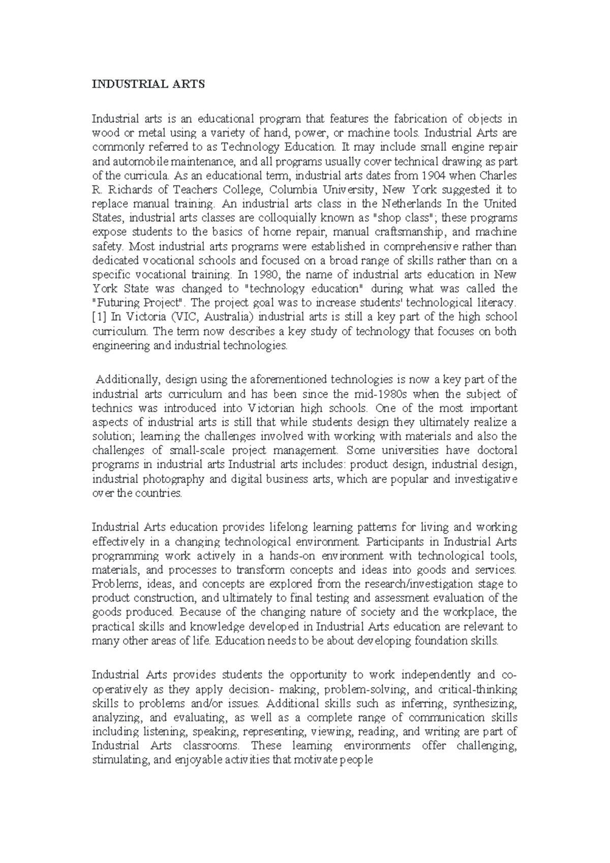 Industrial ARTS - INDUSTRIAL ARTS Industrial arts is an educational ...