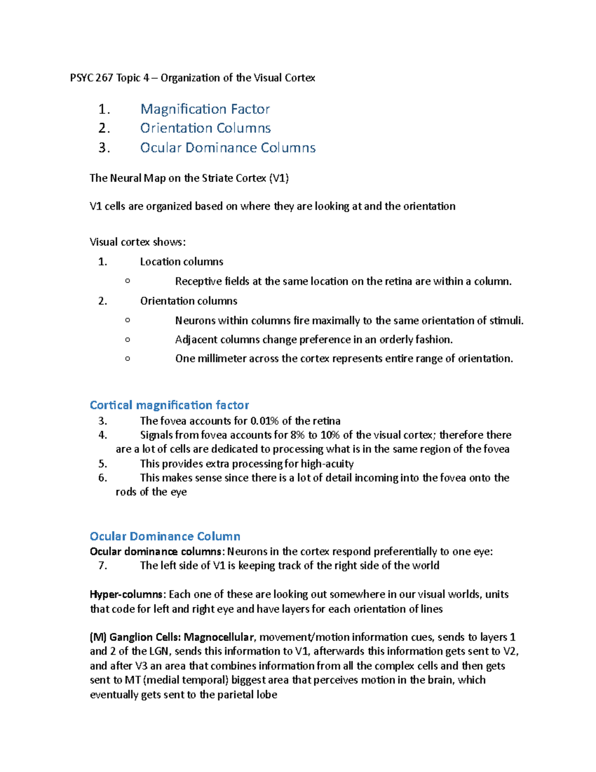 PSYC 267 Topic 4 – Organization of the Visual Cortex - PSYC 267 Topic 4 ...
