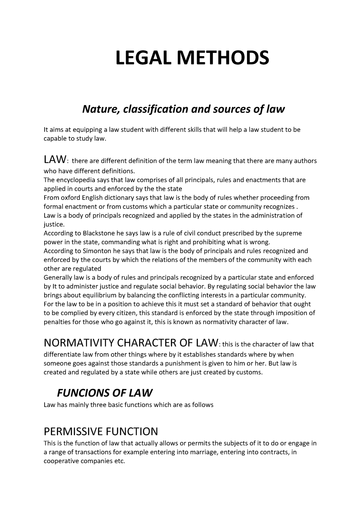 Legal Method Notes Pdf LEGAL METHODS Nature Classification And Sources Of Law It Aims At