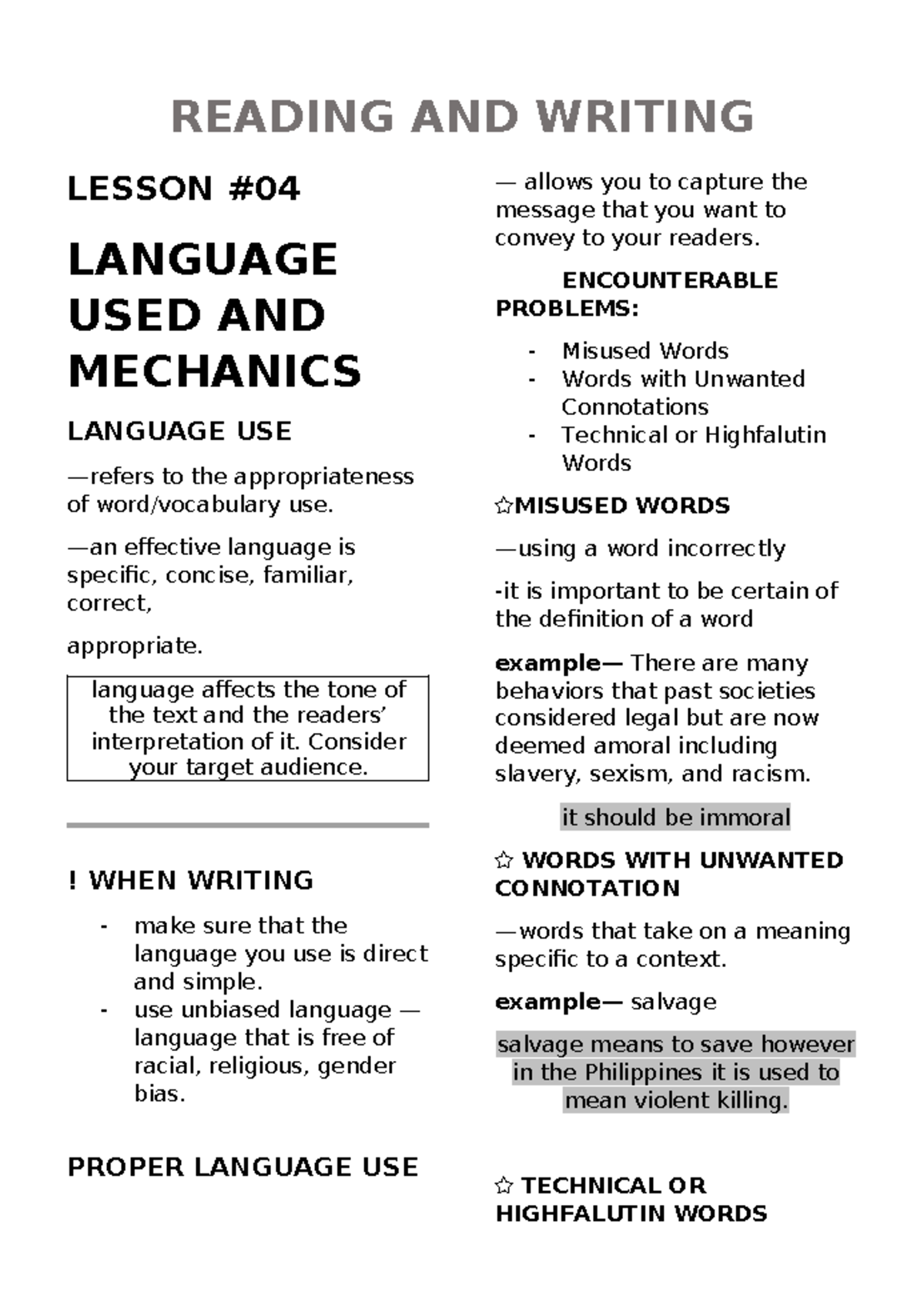 Reading and writing lesson 4 READING AND WRITING LESSON LANGUAGE USED