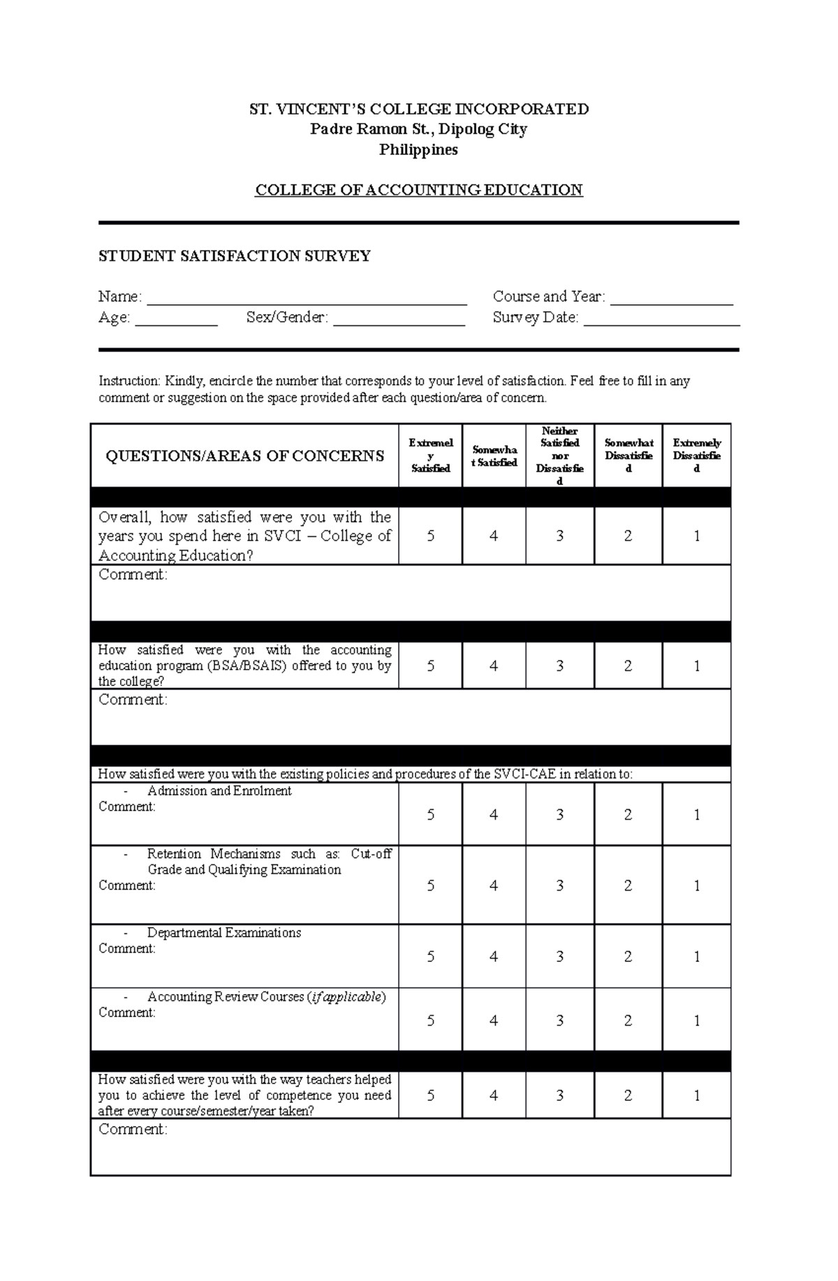 New Graduating Student Satisfaction Survey Form - ST. VINCENT’S COLLEGE ...
